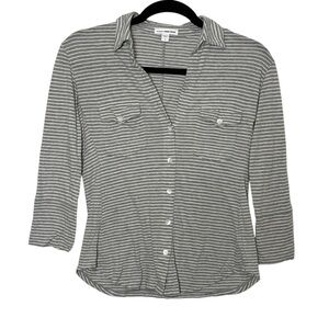 James Perse Shirt Size Small Gray White Striped Button Front 3/4 Sleeve Cotton
